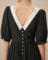 Black Contrasting Puffed Sleeve Maxi Dress - Threadford