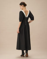 Black Contrasting Puffed Sleeve Maxi Dress - Threadford