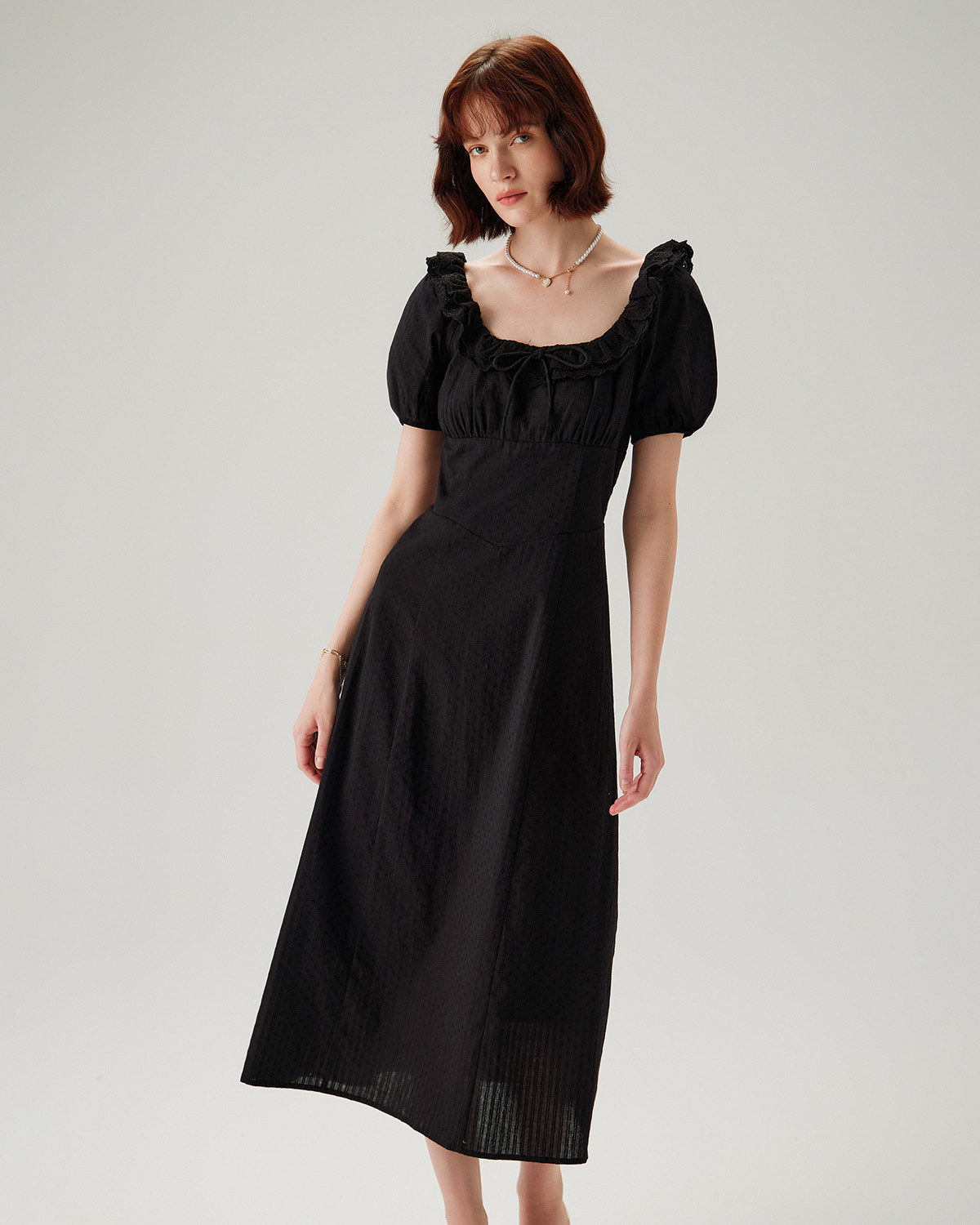 Black Embroidery Puffed Sleeve Maxi Dress - Threadford