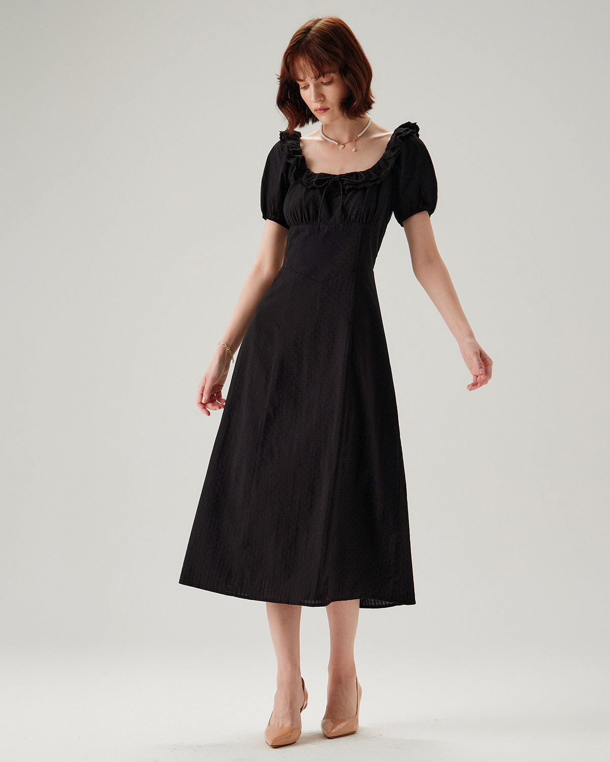 Black Embroidery Puffed Sleeve Maxi Dress - Threadford
