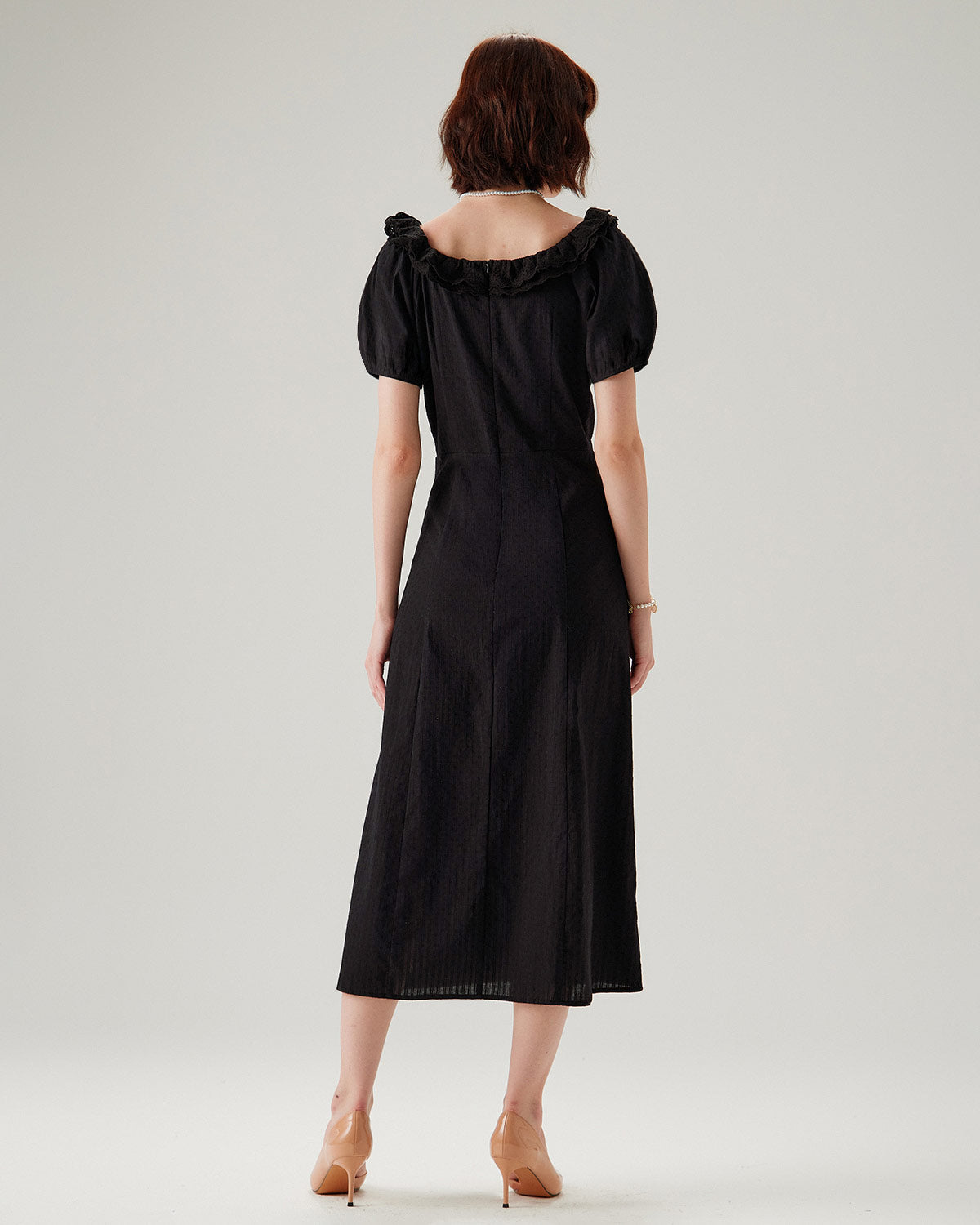 Black Embroidery Puffed Sleeve Maxi Dress - Threadford