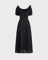 Black Embroidery Puffed Sleeve Maxi Dress - Threadford