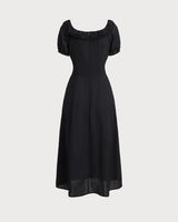 Black Embroidery Puffed Sleeve Maxi Dress - Threadford