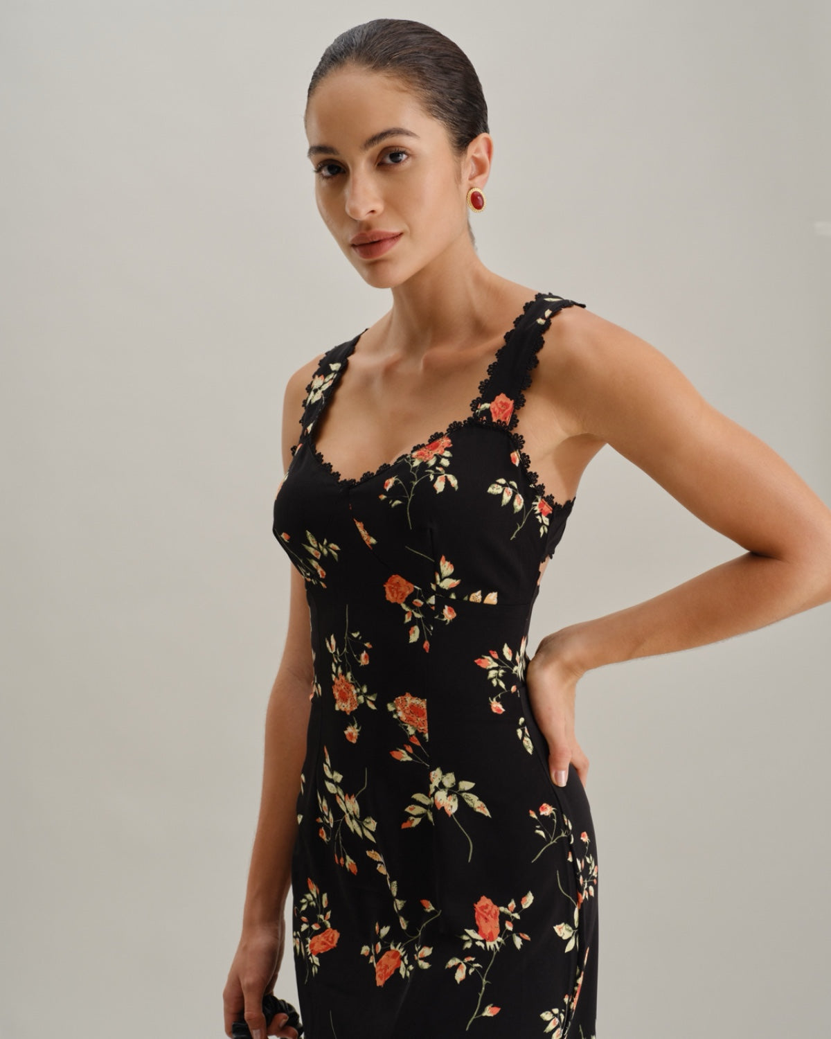 Black Floral Shirred Slip Maxi Dress - Threadford