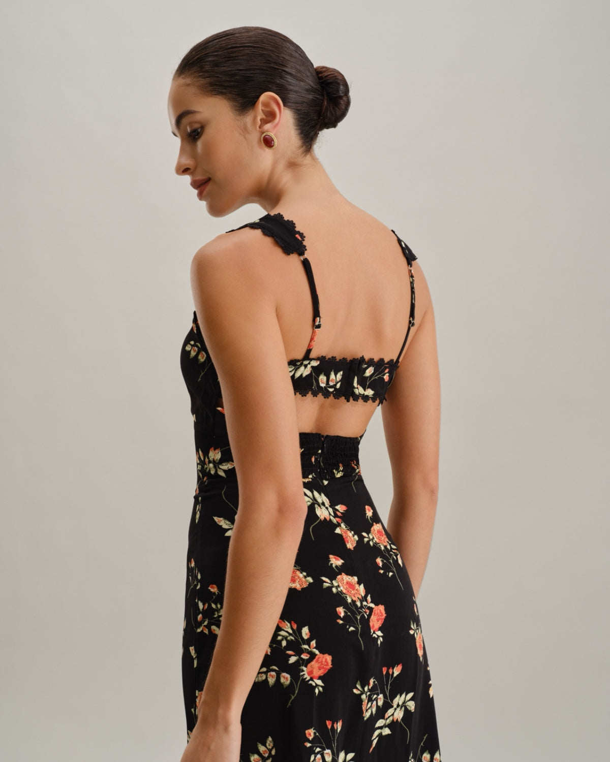 Black Floral Shirred Slip Maxi Dress - Threadford