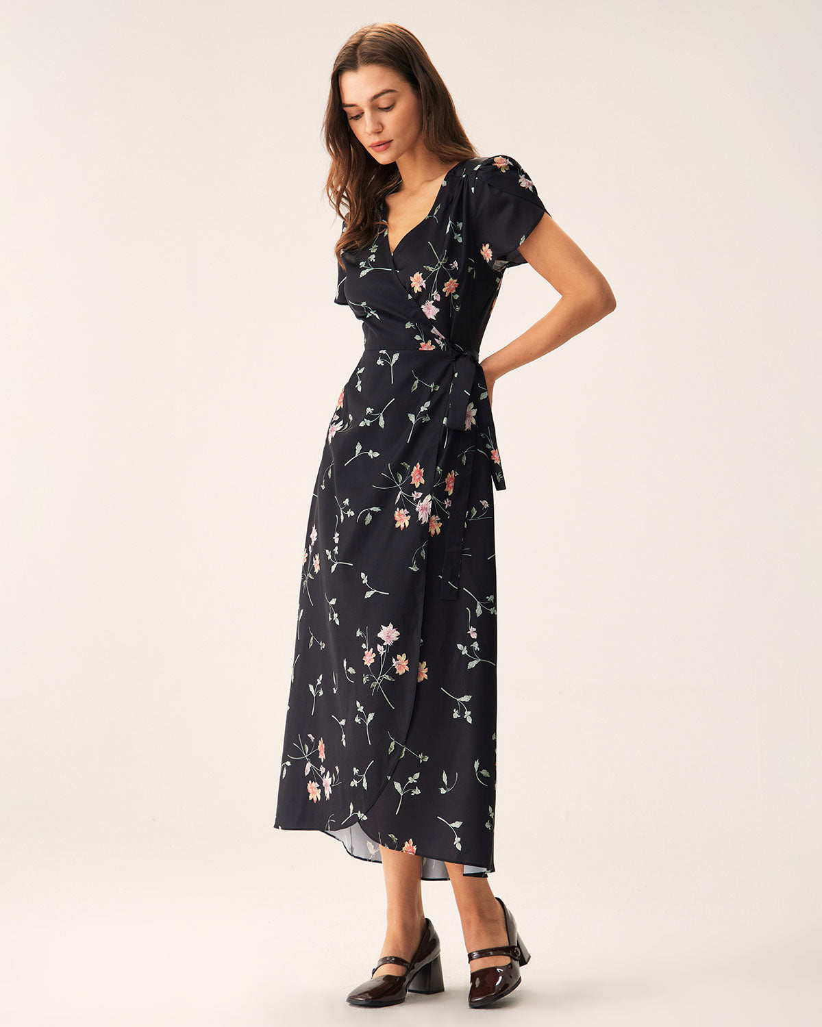 Black Floral Wrap Maxi Dress - Threadford
