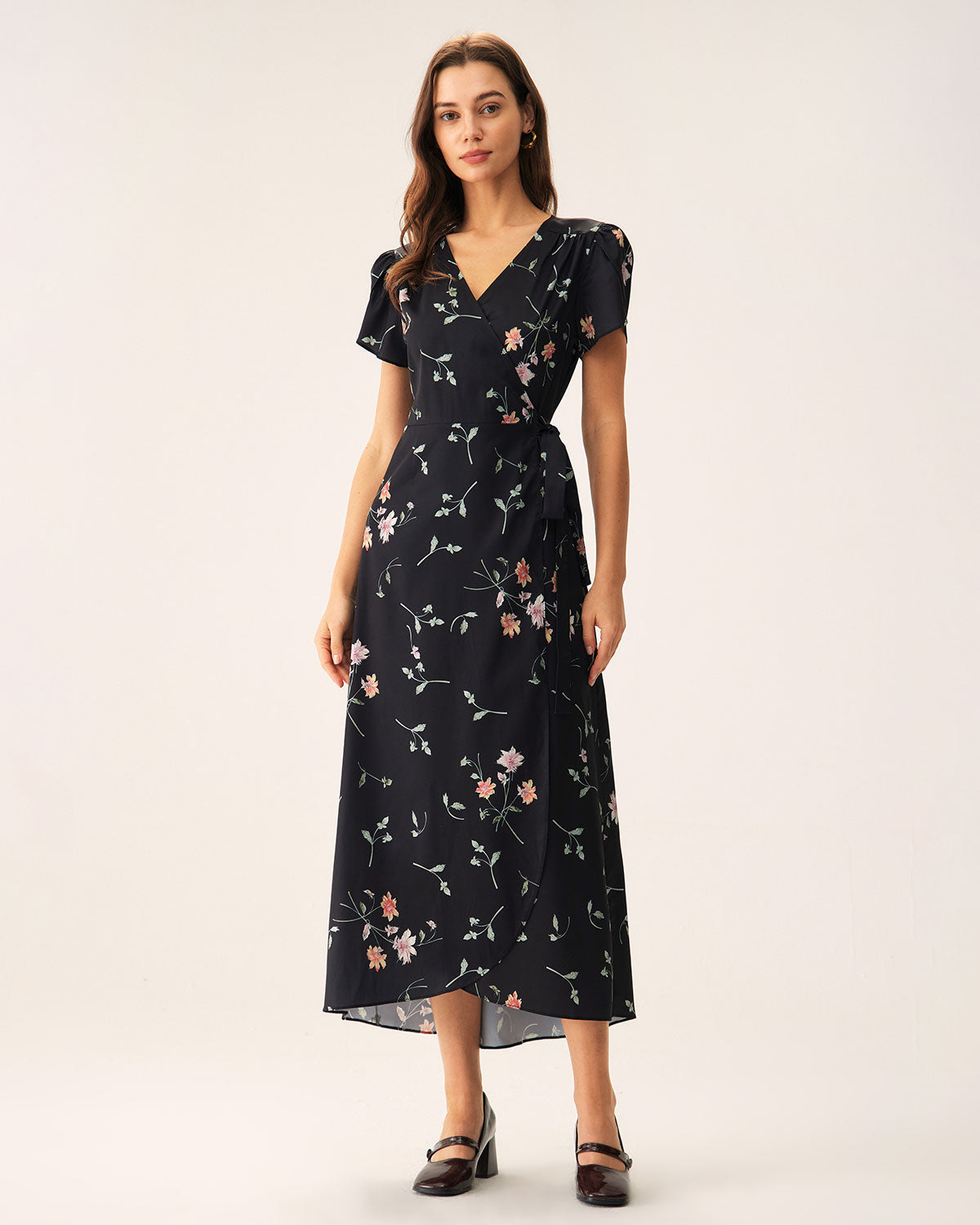 Black Floral Wrap Maxi Dress - Threadford