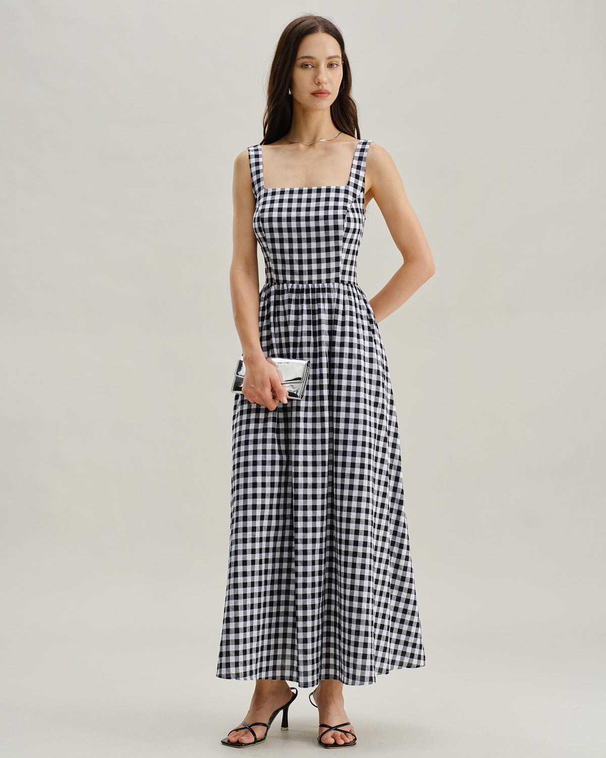 Black Plaid Square Neck Pocket Slip Maxi Dress - Threadford