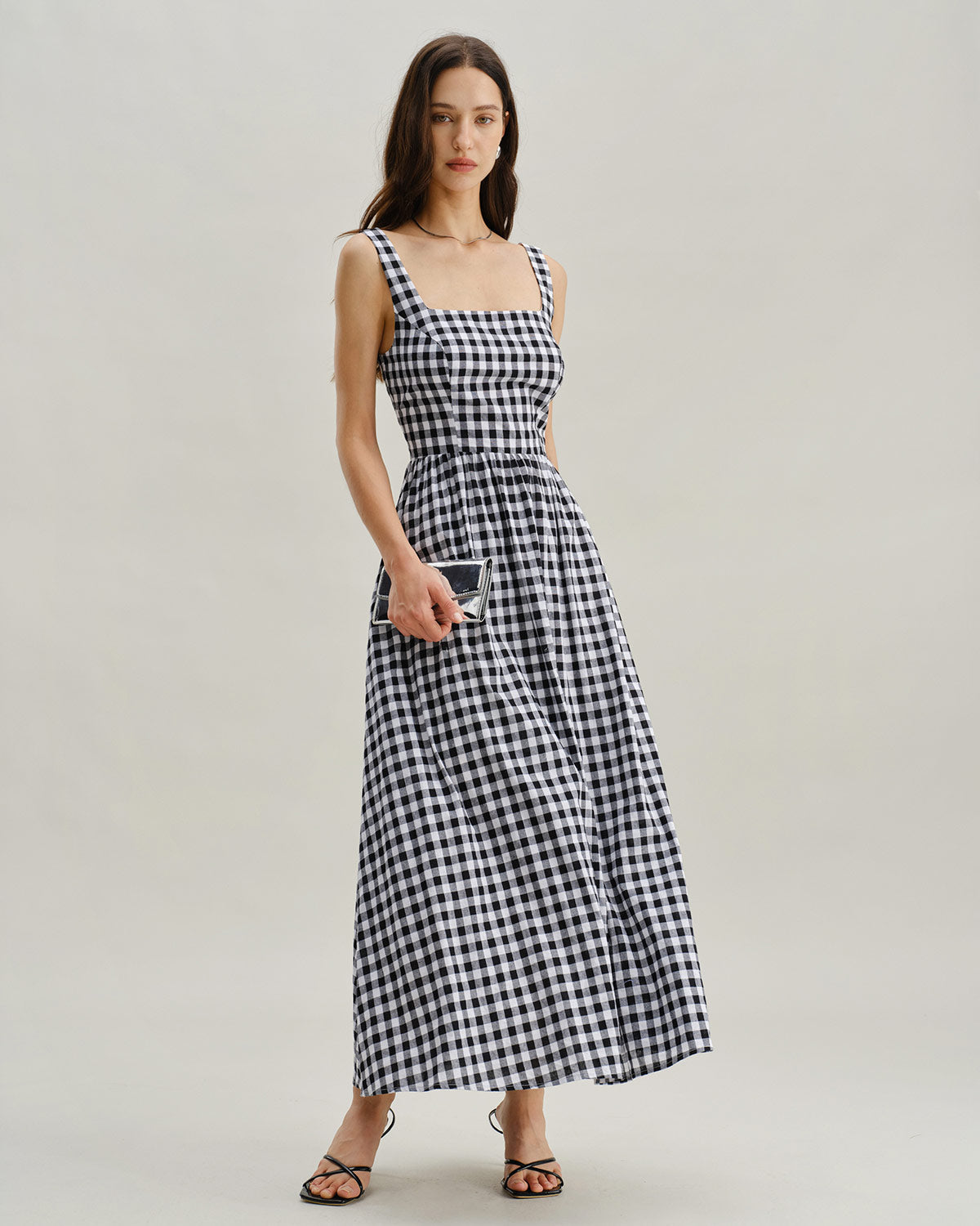 Black Plaid Square Neck Pocket Slip Maxi Dress - Threadford