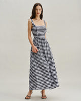 Black Plaid Square Neck Pocket Slip Maxi Dress - Threadford