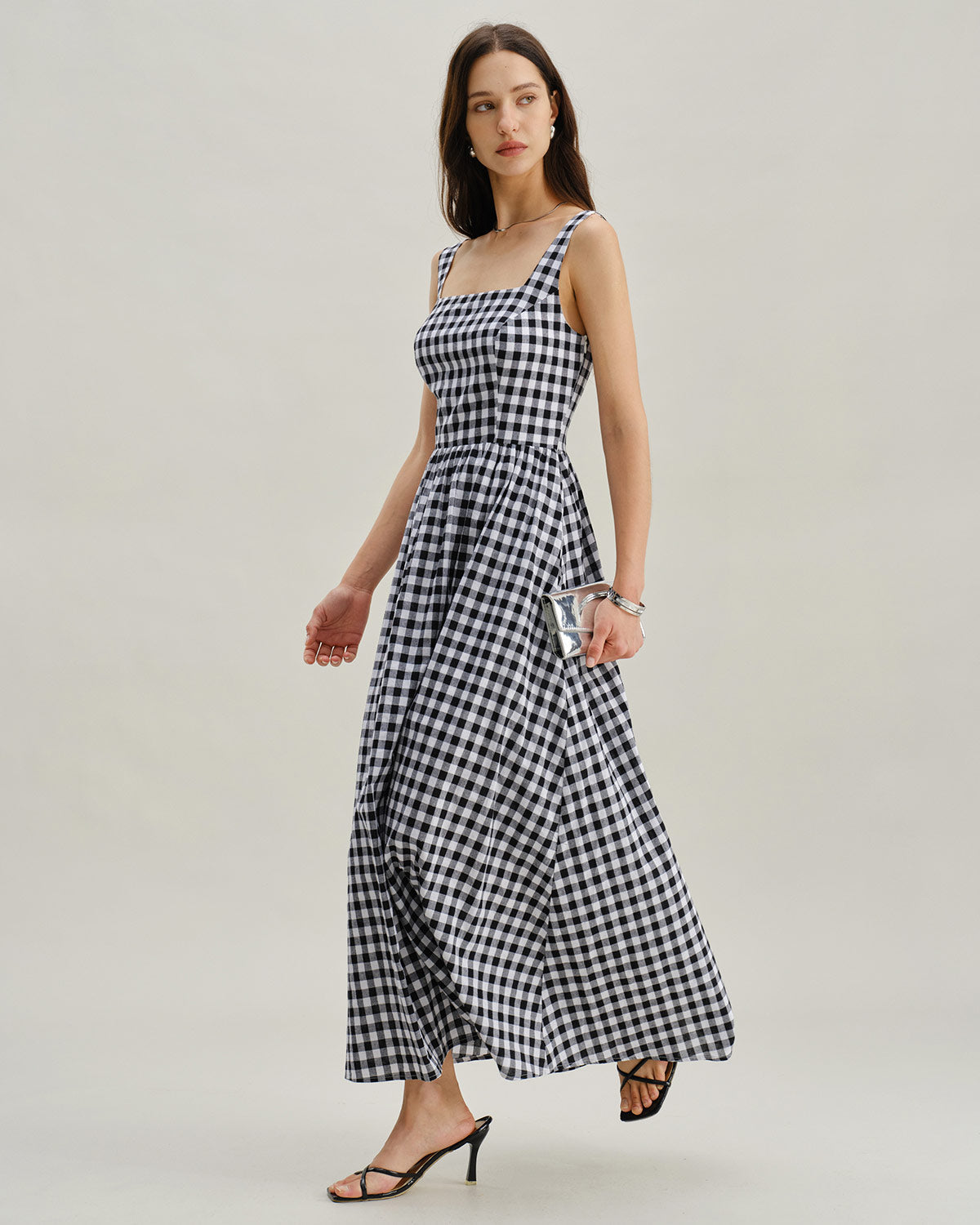 Black Plaid Square Neck Pocket Slip Maxi Dress - Threadford