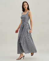 Black Plaid Square Neck Pocket Slip Maxi Dress - Threadford