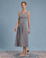 Black Plaid V Neck Sleeveless Maxi Dress - Threadford