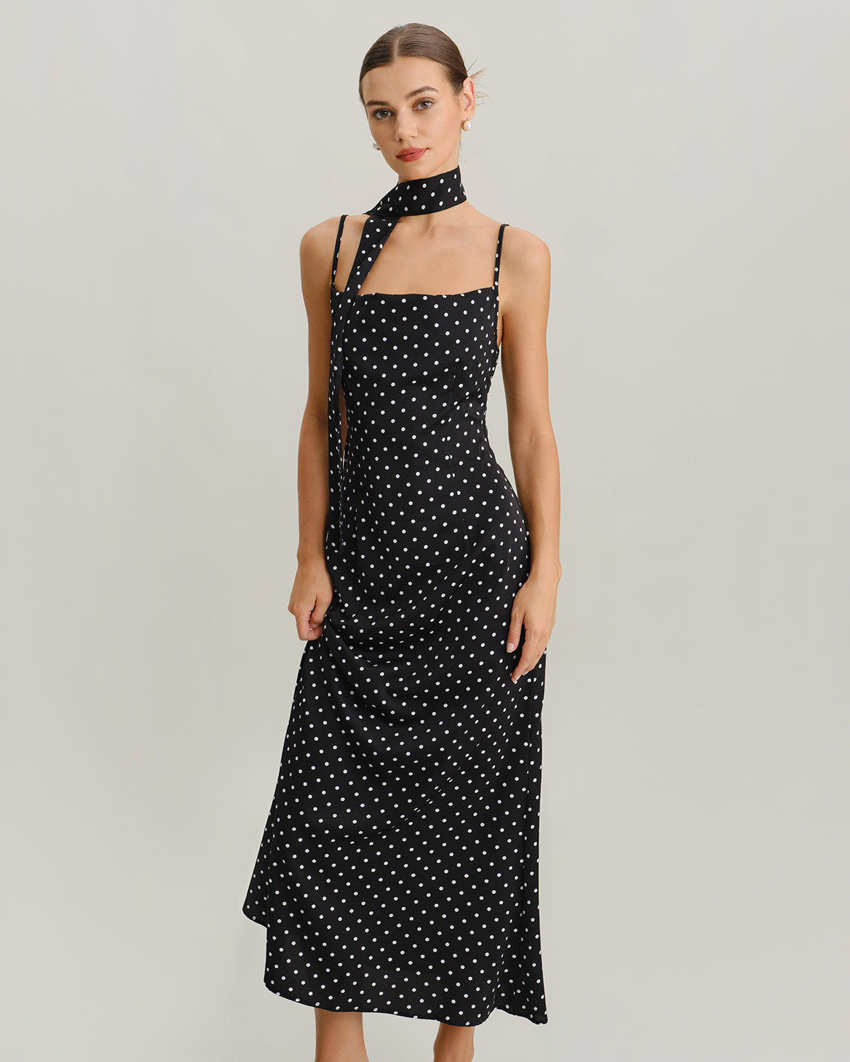 Black Polka Dot Cowl Neck Slip Maxi Dress - Threadford