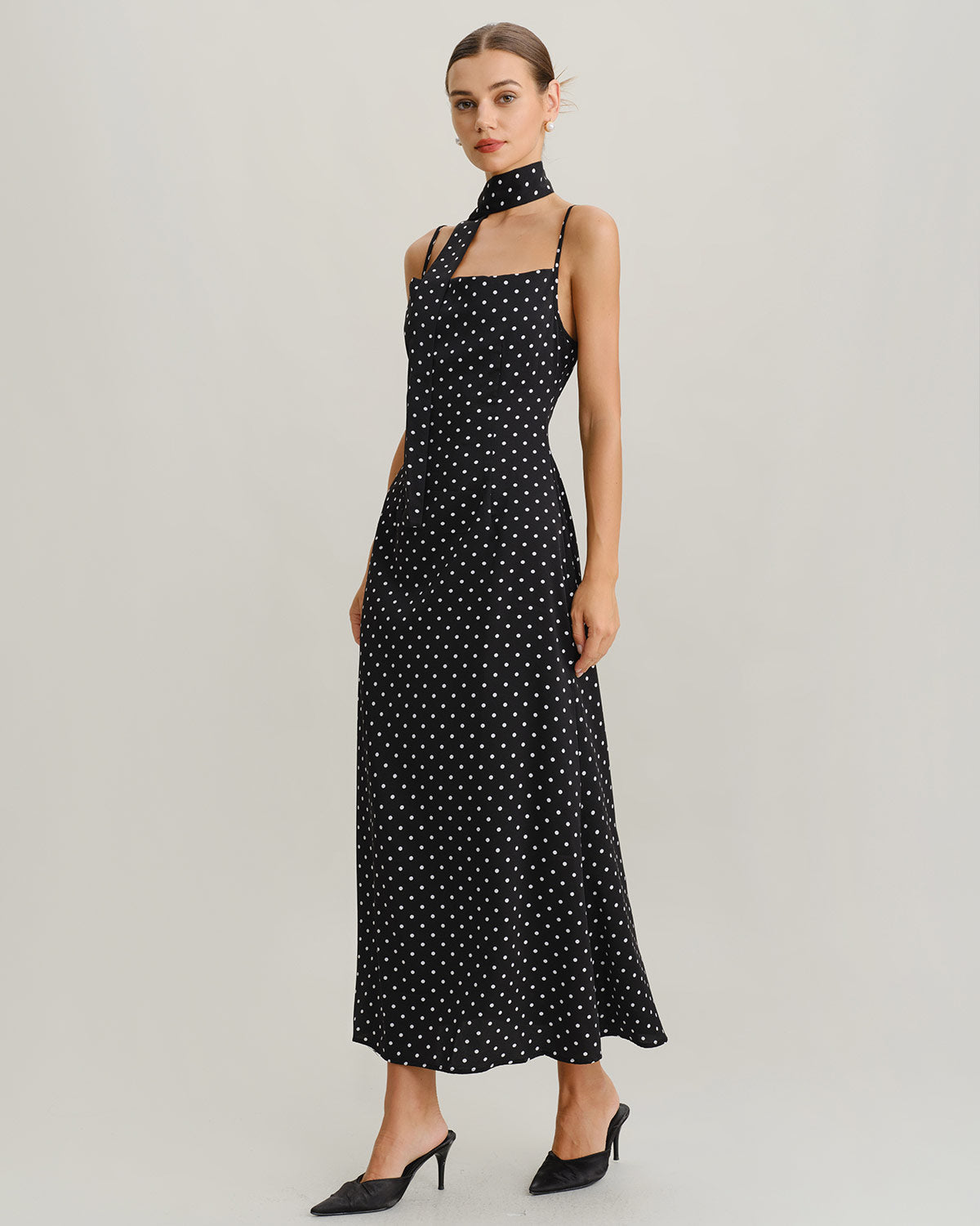 Black Polka Dot Cowl Neck Slip Maxi Dress - Threadford
