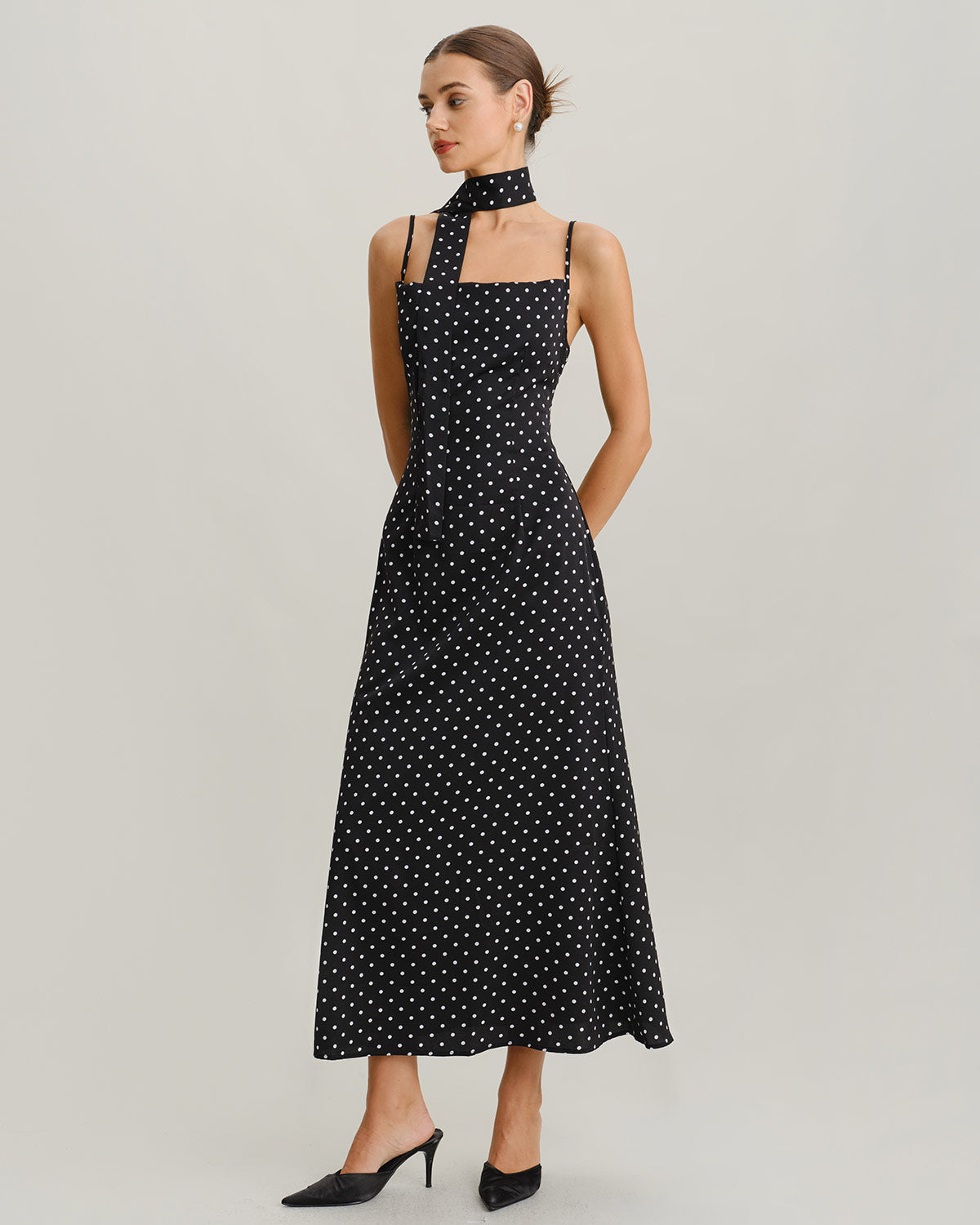 Black Polka Dot Cowl Neck Slip Maxi Dress - Threadford