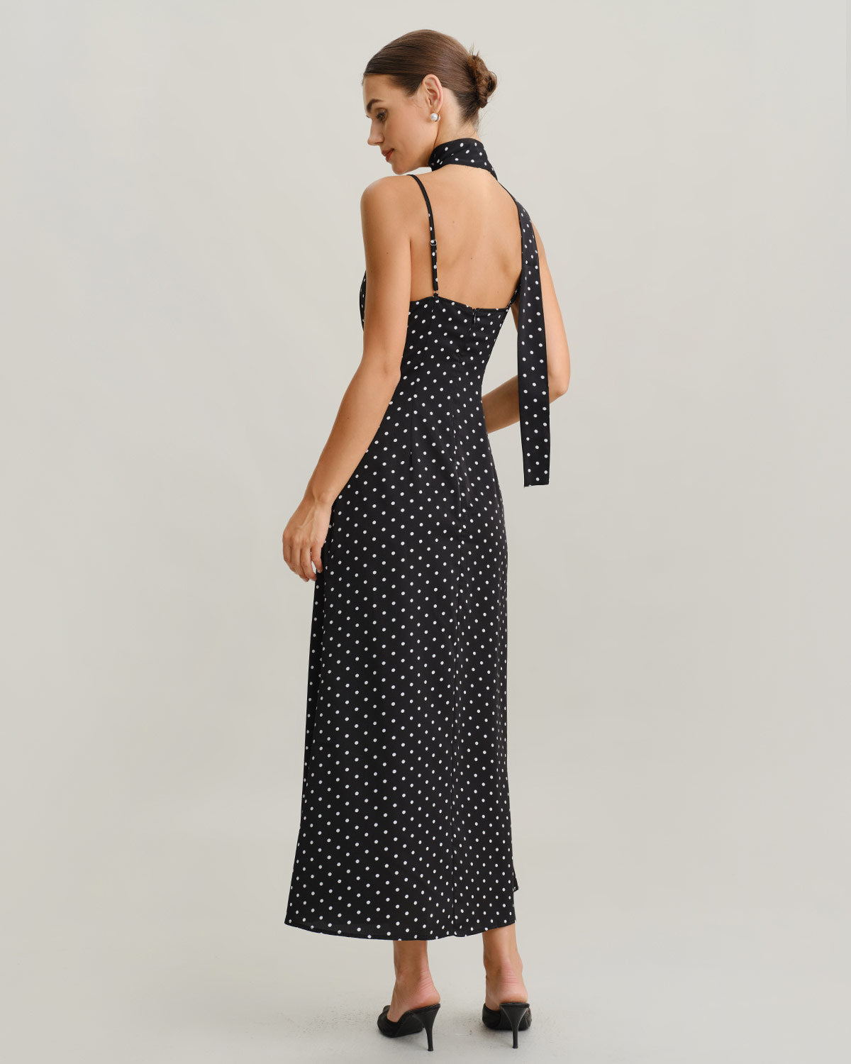Black Polka Dot Cowl Neck Slip Maxi Dress - Threadford