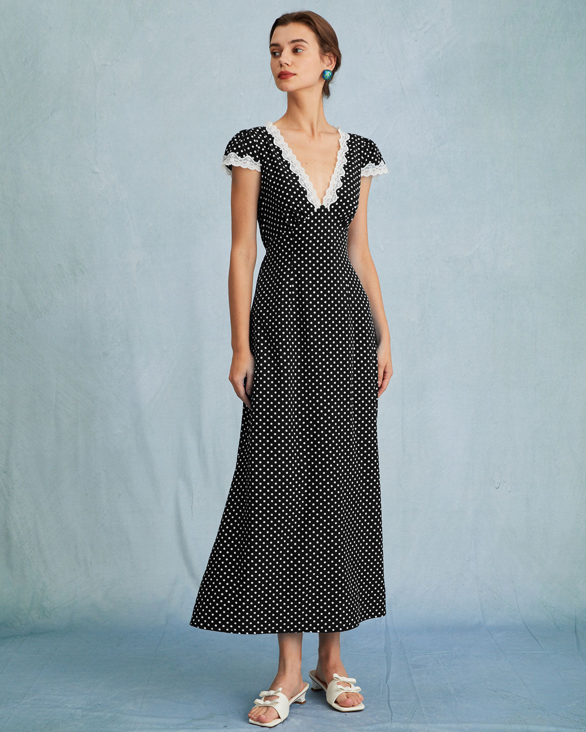 Black Polka Dot Lace Trim Maxi Dress - Threadford