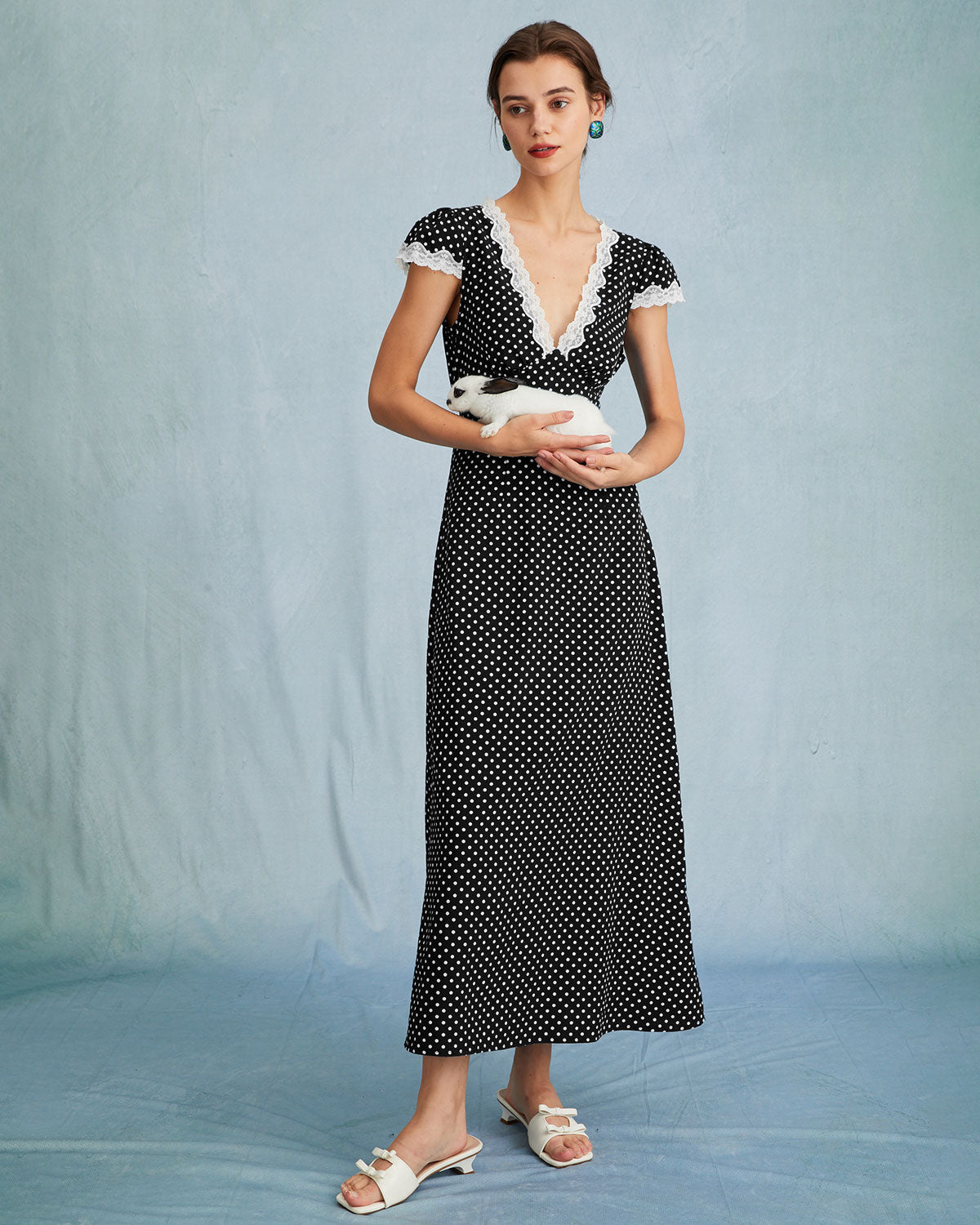 Black Polka Dot Lace Trim Maxi Dress - Threadford