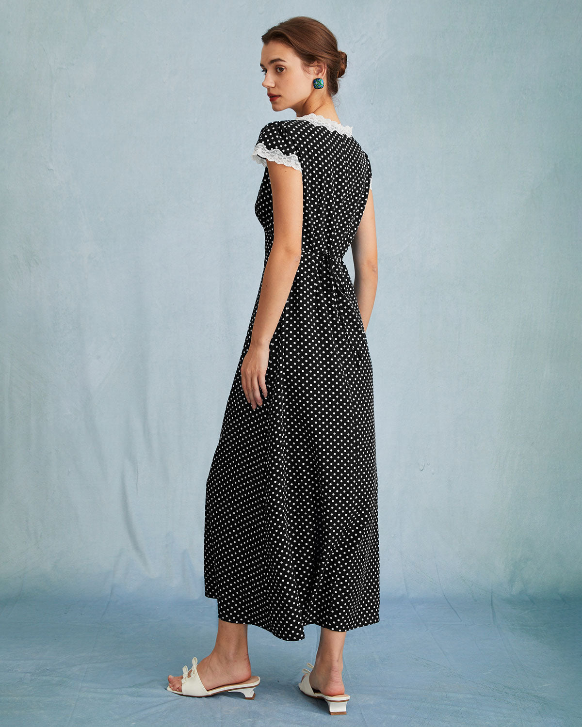 Black Polka Dot Lace Trim Maxi Dress - Threadford