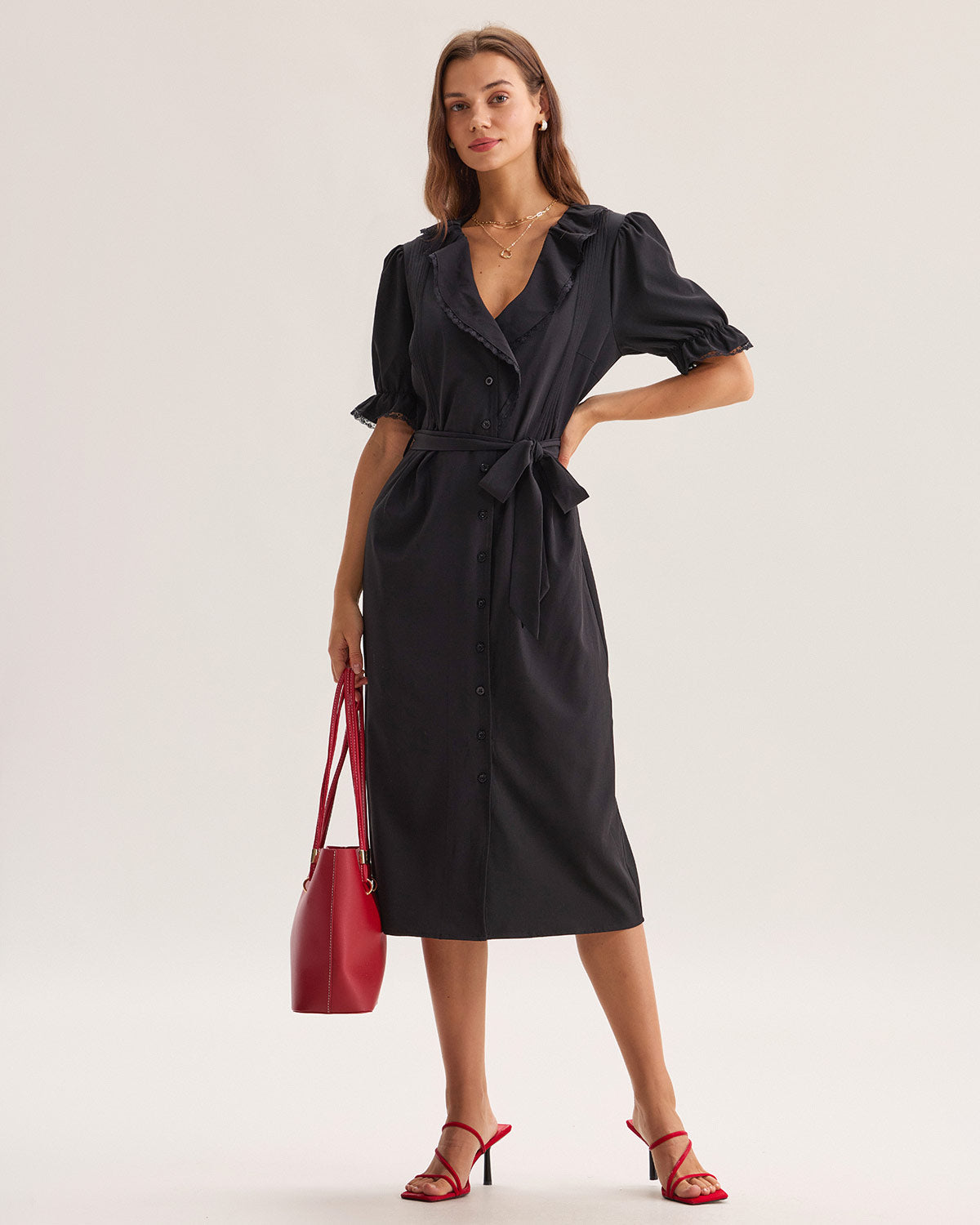 Black Ruffle Belted Maxi Dress - Threadford