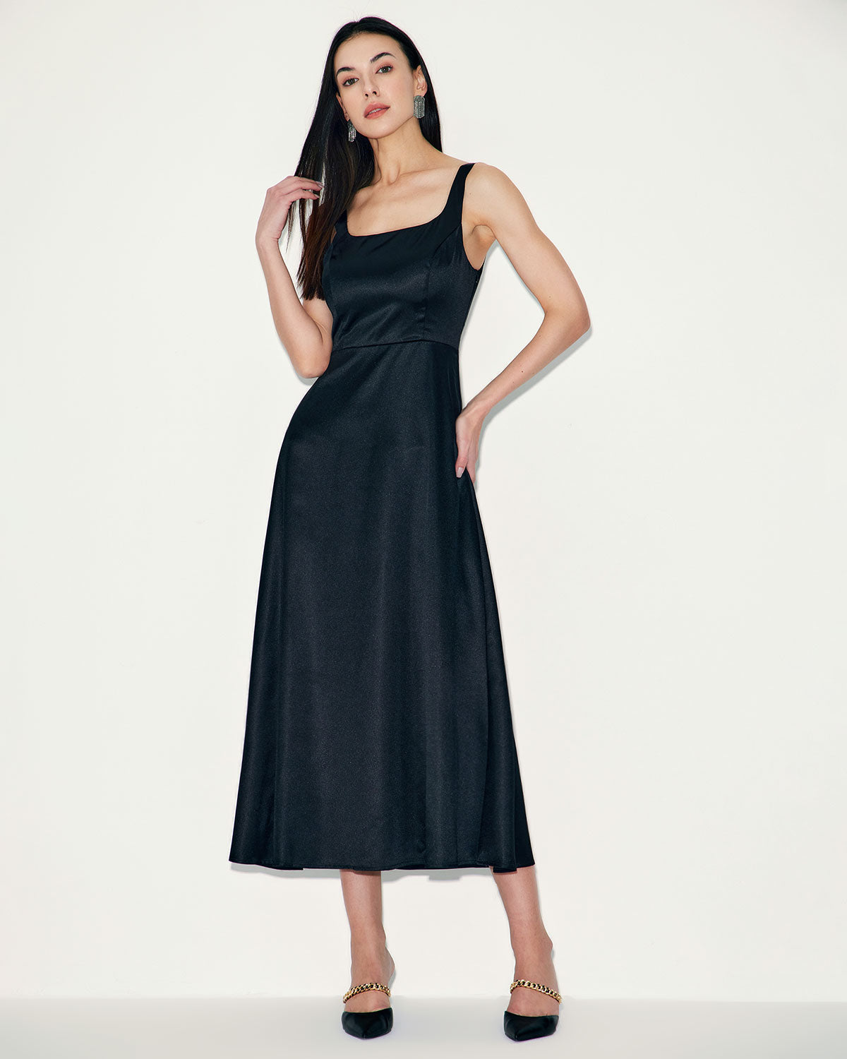 Black Satin A-Line Slip Maxi Dress - Threadford