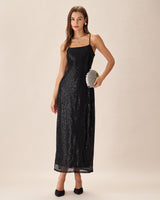 Black Sequin Bodycon Slit Maxi Dress - Threadford