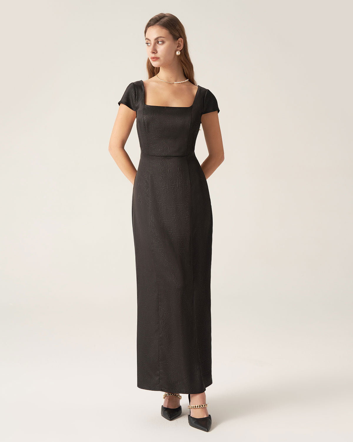 Black Square Neck Cap Sleeve Maxi Dress - Threadford
