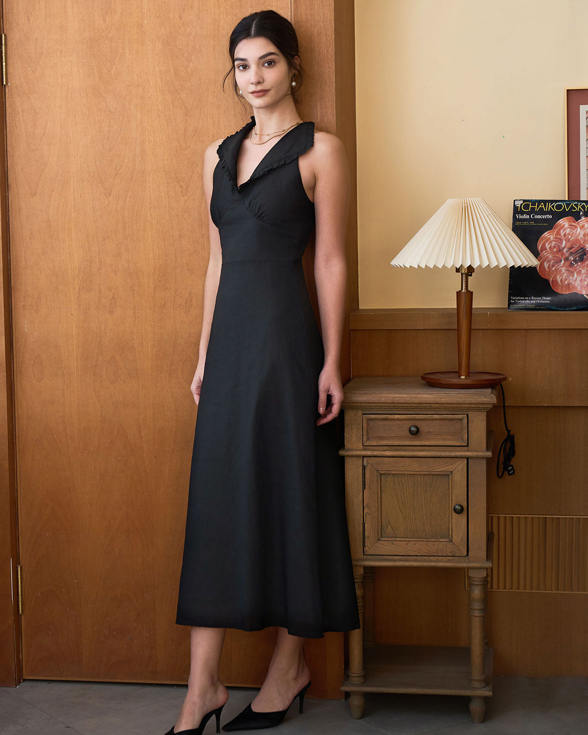The Black Collared Frill Trim Linen Maxi Dress - Threadford