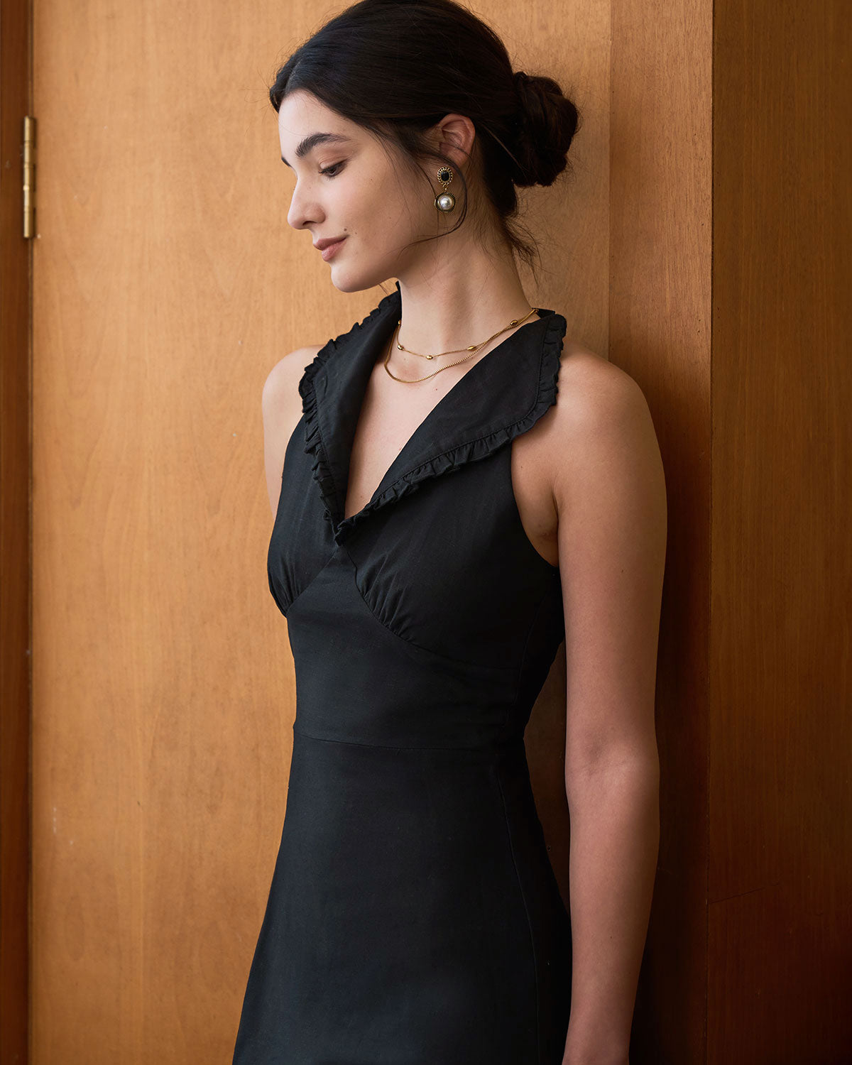 The Black Collared Frill Trim Linen Maxi Dress - Threadford