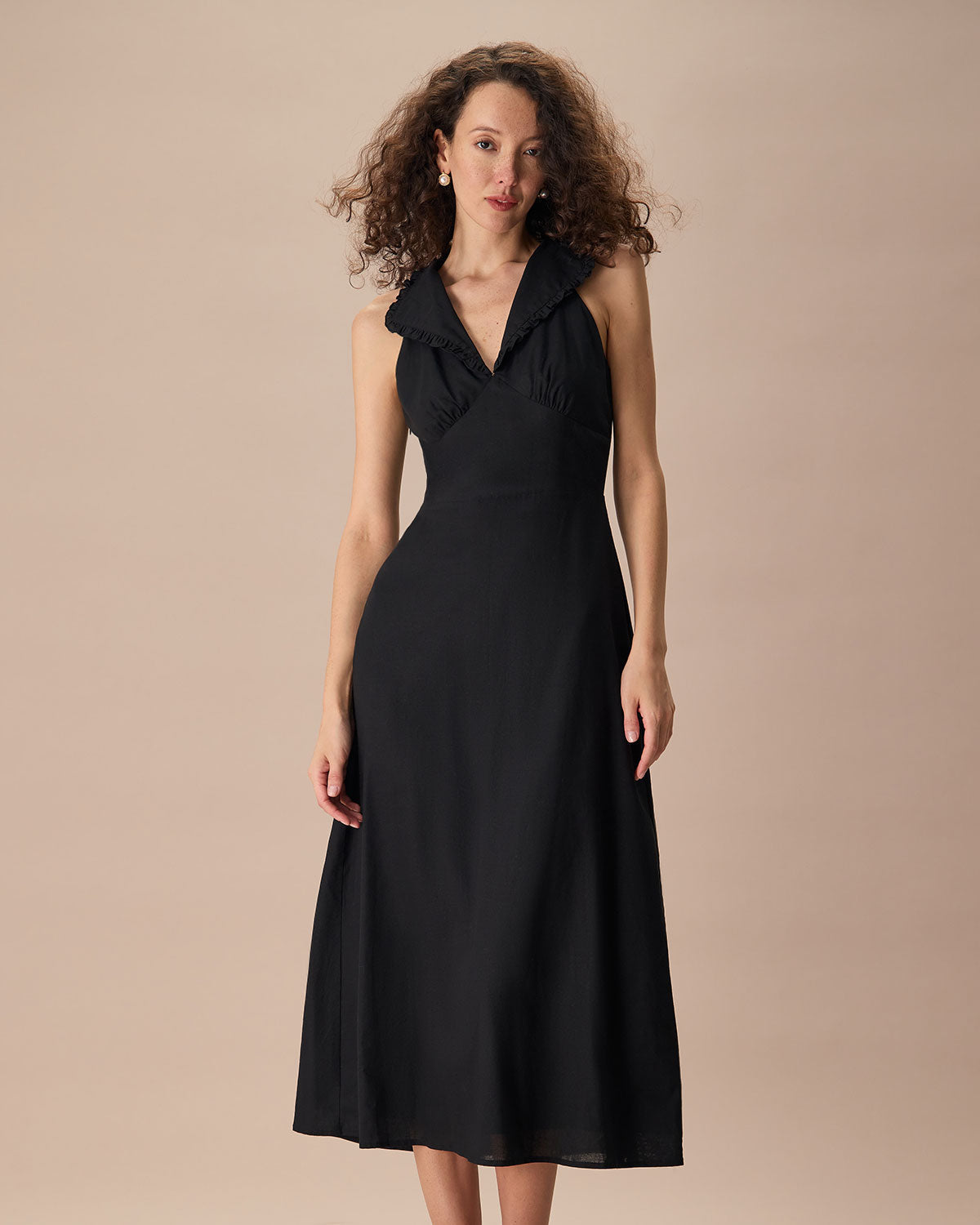 The Black Collared Frill Trim Linen Maxi Dress - Threadford