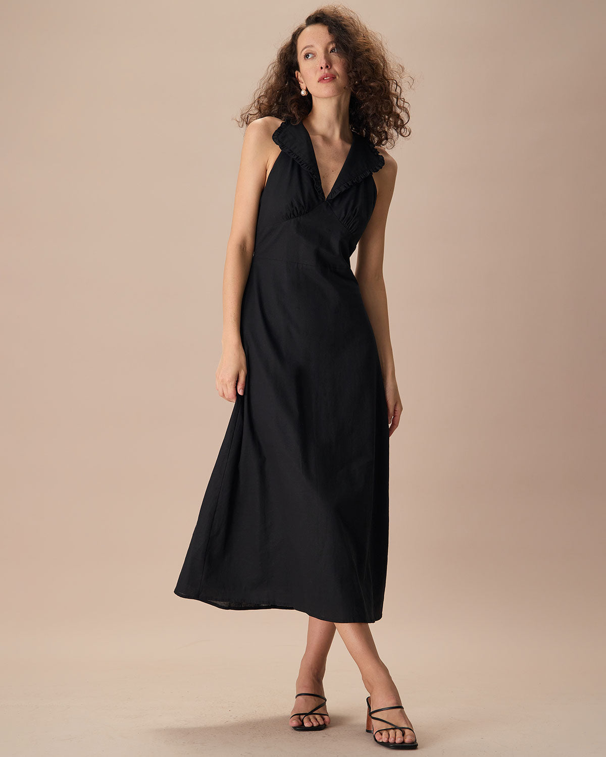 The Black Collared Frill Trim Linen Maxi Dress - Threadford