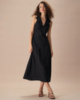 The Black Collared Frill Trim Linen Maxi Dress - Threadford