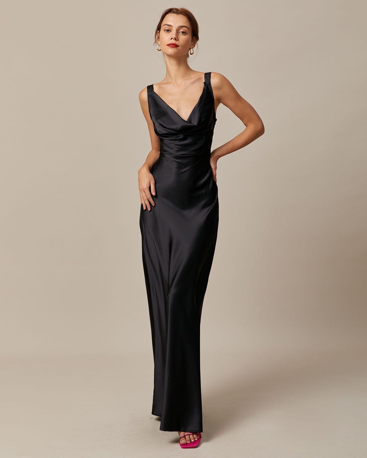 The Black Cowl Neck Sheath Satin Maxi Dress - Threadford