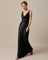 The Black Cowl Neck Sheath Satin Maxi Dress - Threadford