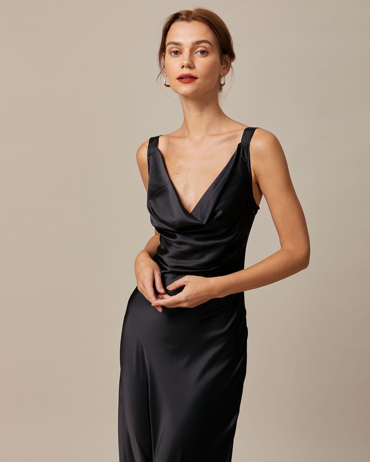The Black Cowl Neck Sheath Satin Maxi Dress - Threadford