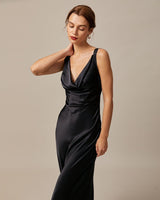 The Black Cowl Neck Sheath Satin Maxi Dress - Threadford