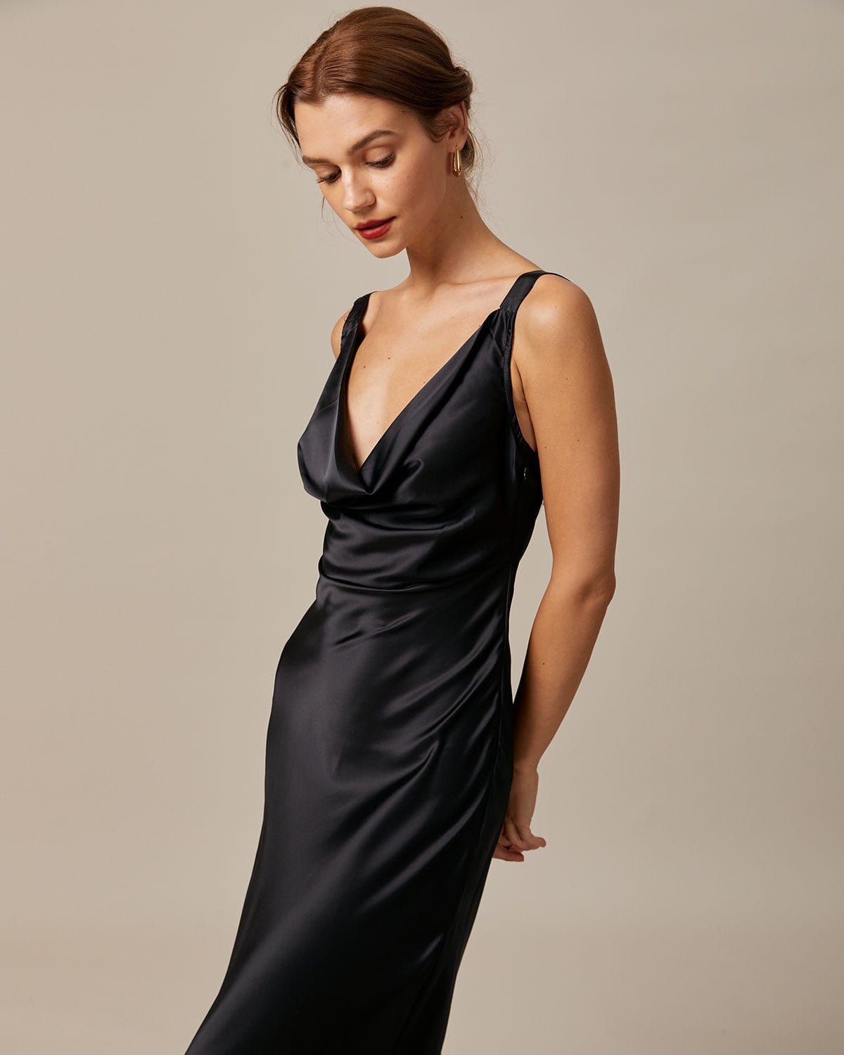 The Black Cowl Neck Sheath Satin Maxi Dress - Threadford