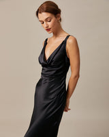 The Black Cowl Neck Sheath Satin Maxi Dress - Threadford