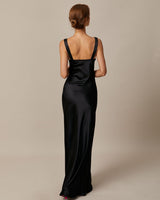 The Black Cowl Neck Sheath Satin Maxi Dress - Threadford