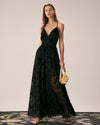 The Black Floral Flocked Mesh Slit Maxi Dress - Threadford