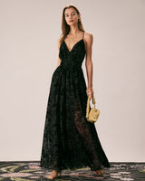 The Black Floral Flocked Mesh Slit Maxi Dress - Threadford