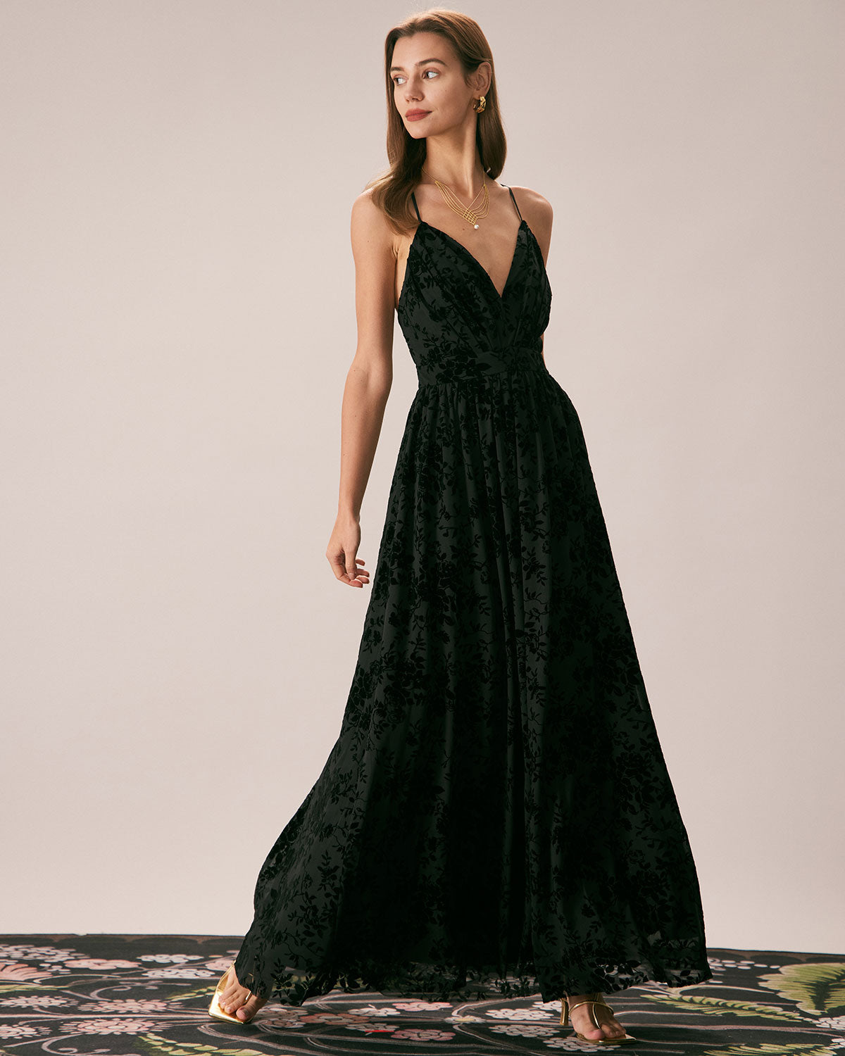 The Black Floral Flocked Mesh Slit Maxi Dress - Threadford