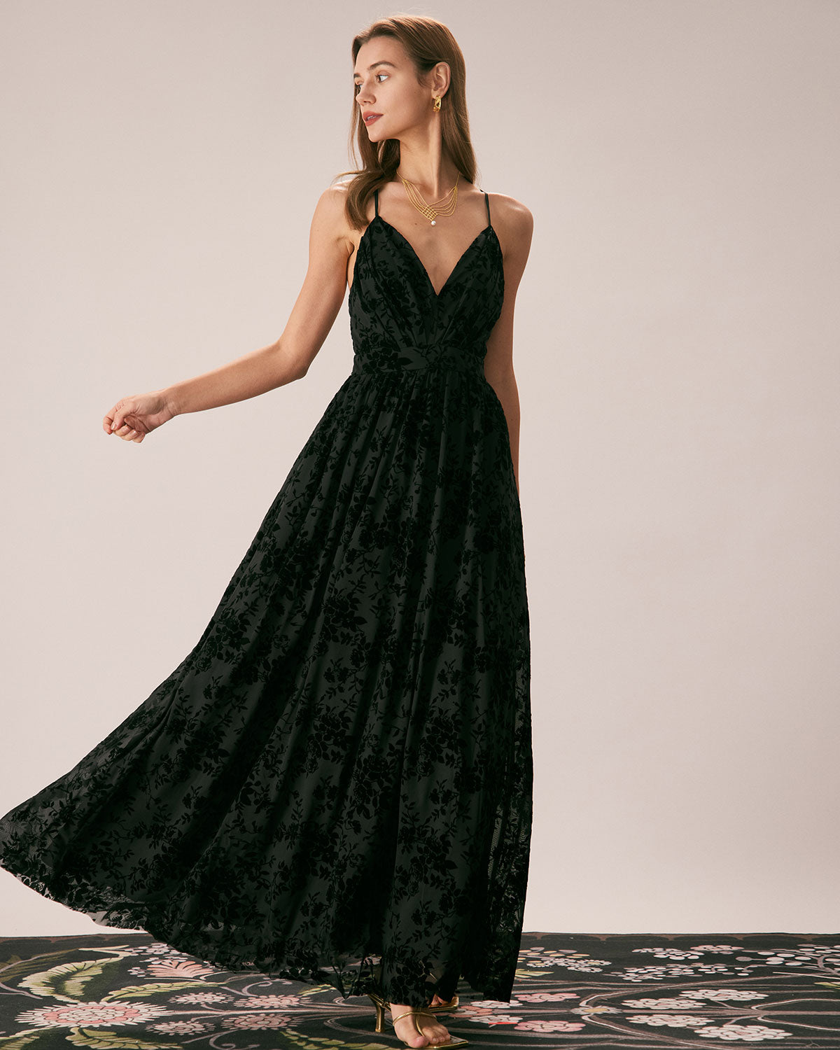 The Black Floral Flocked Mesh Slit Maxi Dress - Threadford