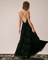 The Black Floral Flocked Mesh Slit Maxi Dress - Threadford