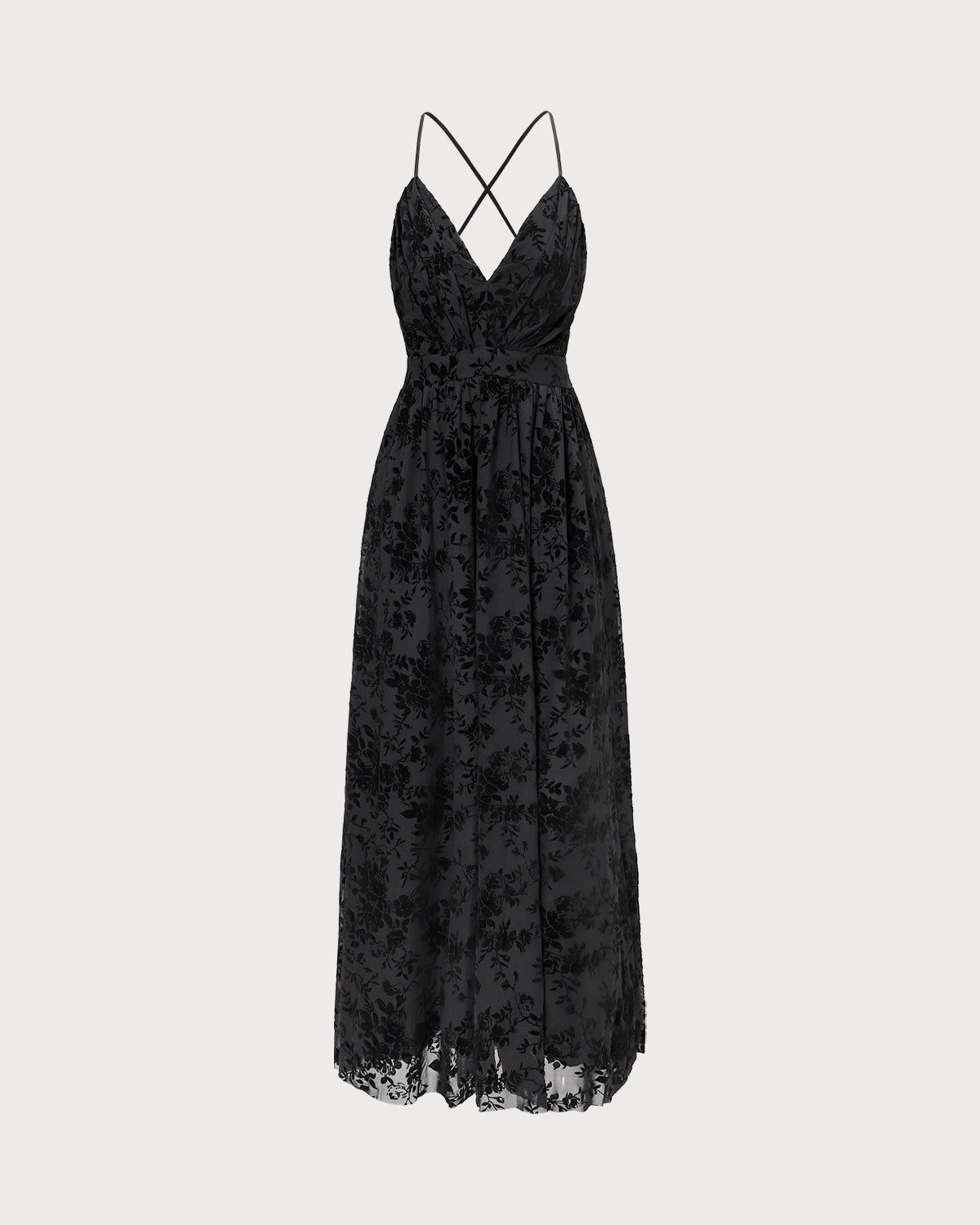 The Black Floral Flocked Mesh Slit Maxi Dress - Threadford