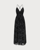The Black Floral Flocked Mesh Slit Maxi Dress - Threadford