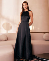 The Black Halter Bowknot Cutout Maxi Dress - Threadford