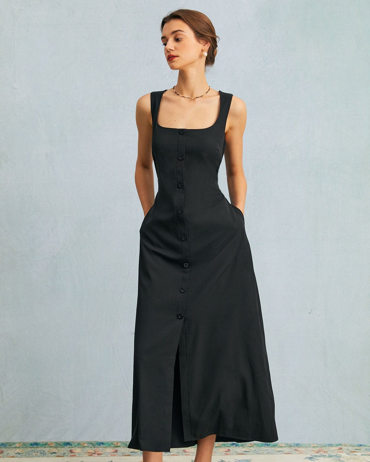 The Black U Neck Tie Back Sleeveless Maxi Dress - Threadford