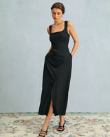 The Black U Neck Tie Back Sleeveless Maxi Dress - Threadford